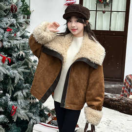女童外套秋冬款2025新款中大童网红皮毛一体洋气加厚加绒麂皮大衣