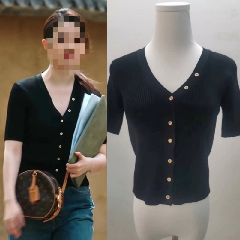 Long-Term Spot 2025 Summer Go to Windy Places Liu Yifei and Xu Hongdou's Same Style Knitted Knitwear Short-Sleeved Slim Top