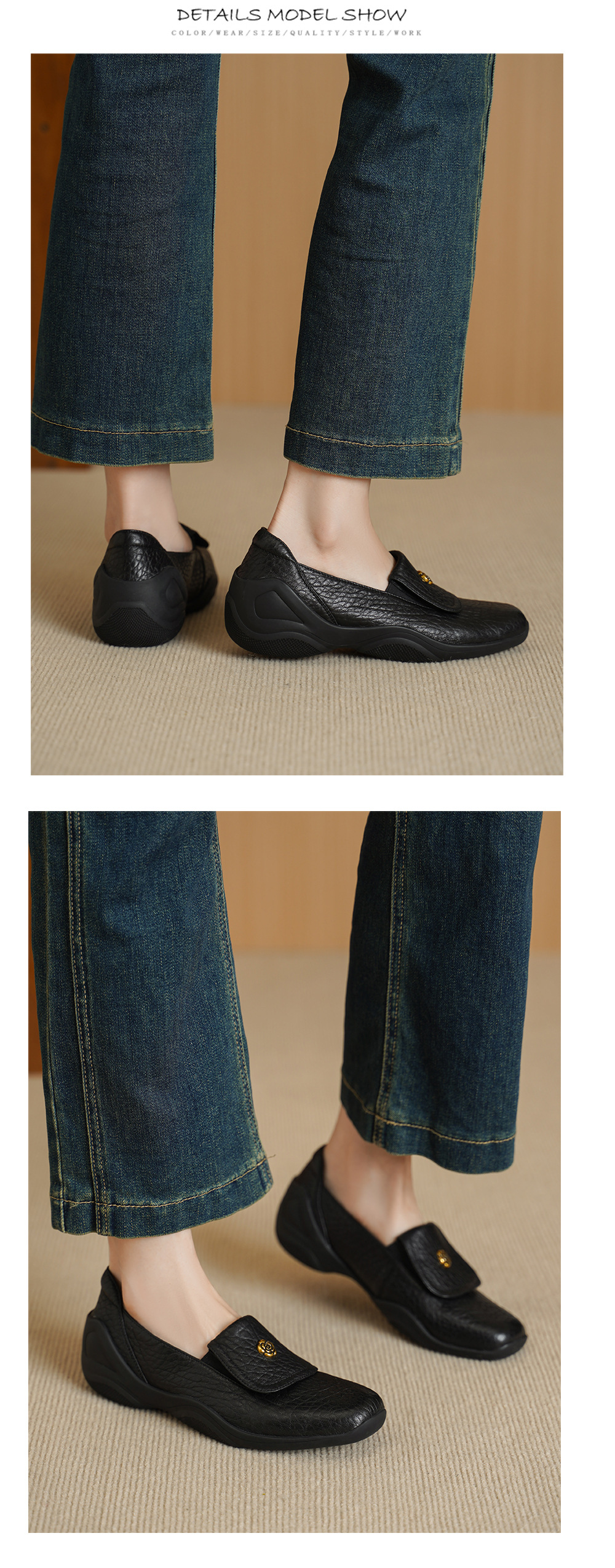 Giày loafer nữ da dê mũi tròn, gót thấp 3 cm, hoa nổi, phong cách cổ điển — màu nâu chi tiết 9