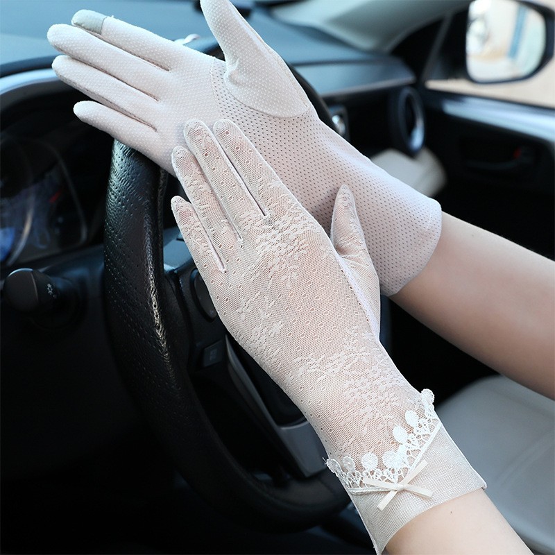 Guantes de protección solar primavera y verano encaje arco guantes de pantalla táctil de conducción de las mujeres transpirable al aire libre protección solar guantes de equitación