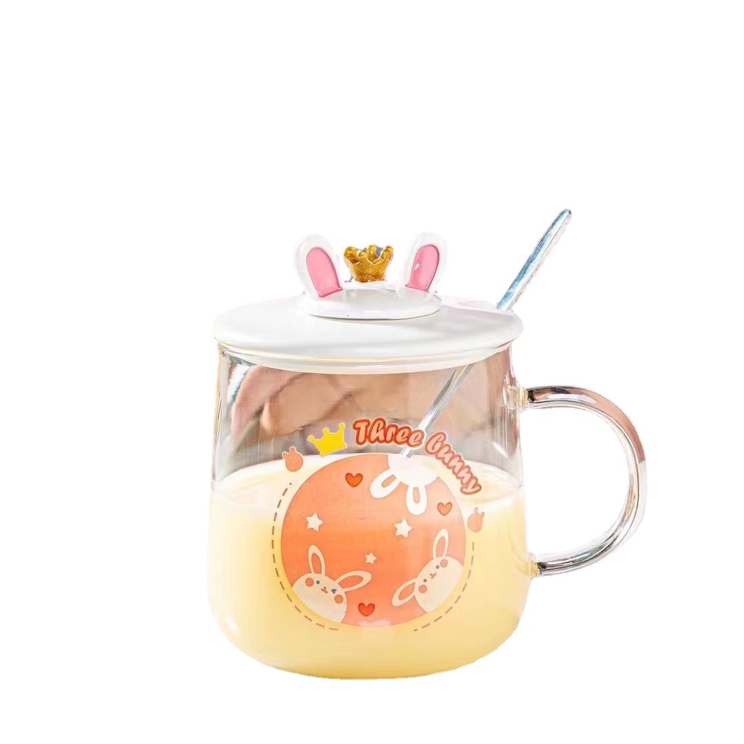 Creativo lindo corona conejo de dibujos animados taza de cristal con tapa cuchara regalo personalizado taza de agua chica corazón estudiante taza