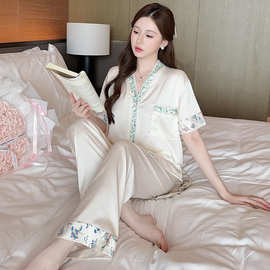 睡衣女   V领开衫短袖长裤冰雪丝  M-XXL