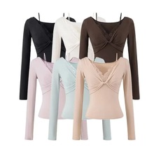 纯欲辣妹性感V领蕾丝花边扭结长袖t恤女秋季新款修身短款打底上衣