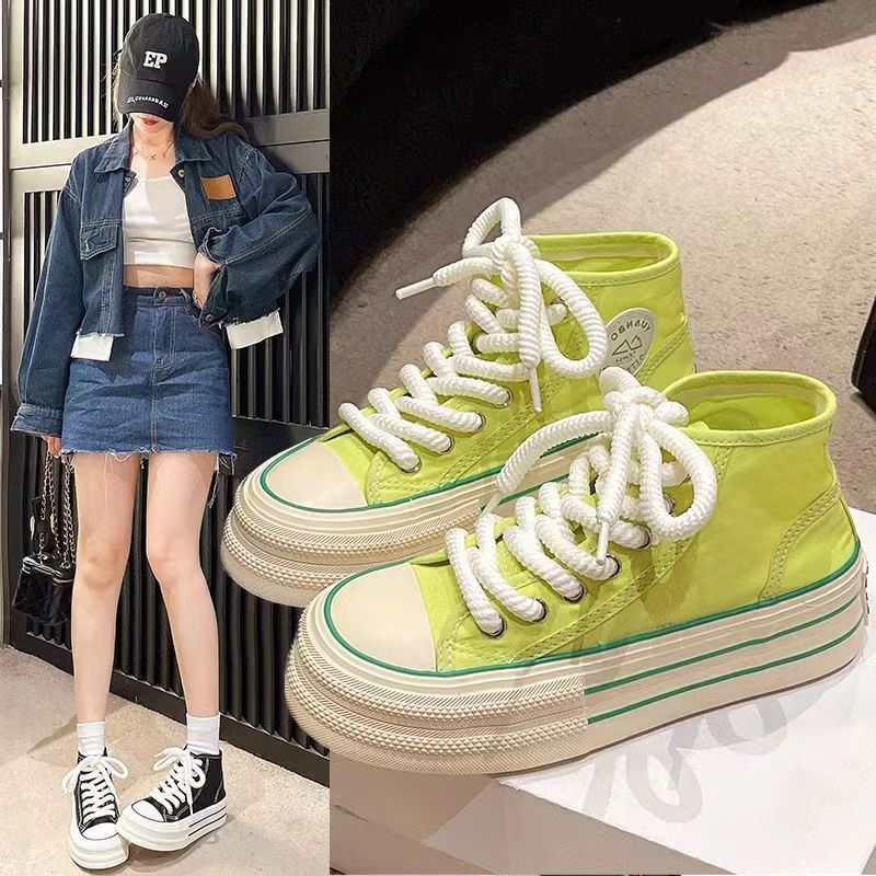 Popular Dopamine High-Top Canvas Shoes for Women Thick-Soled Casual White Shoes 2025 Autum Niche Versatile Chic Sneakers