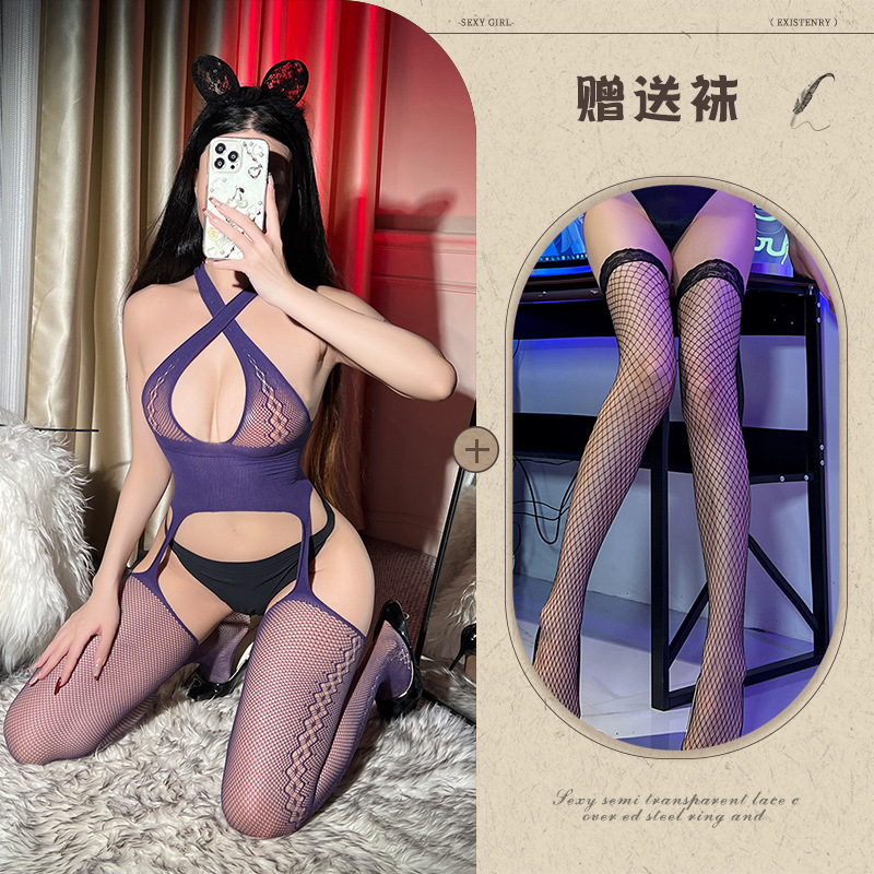보라색 + 검정색 망사 스타킹