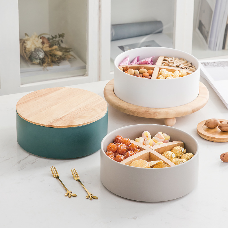 Roble de madera caja caramelo nórdico hogar Sala Mesa café cerámica fruta seca placa con tapa Internet Celebrity snack