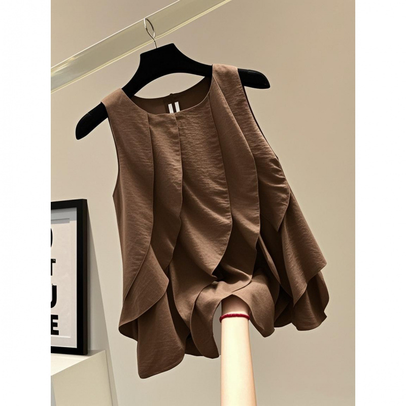 Plus-Size Women's Ruffled Patchwork Round-Neck Pullover Shirt, Summer Korean Style Loose Slimming Solid Color Casual Tank Top Trendy Plus-Size Women's Ruffled Patchwork Round-Neck Pullover Shirt, Summer Korean Style Loose Slimming Solid Color Casual Tank Top Trendy
