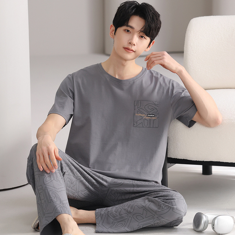 100%纯棉睡衣男款春夏季2025新款简约短袖长裤男士大码全棉家居服