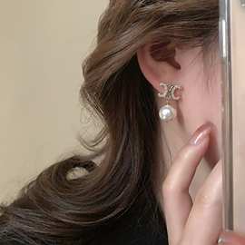 交叉珍珠耳环S925银针字母X法式轻奢字母小众设计高级感耳钉耳坠
