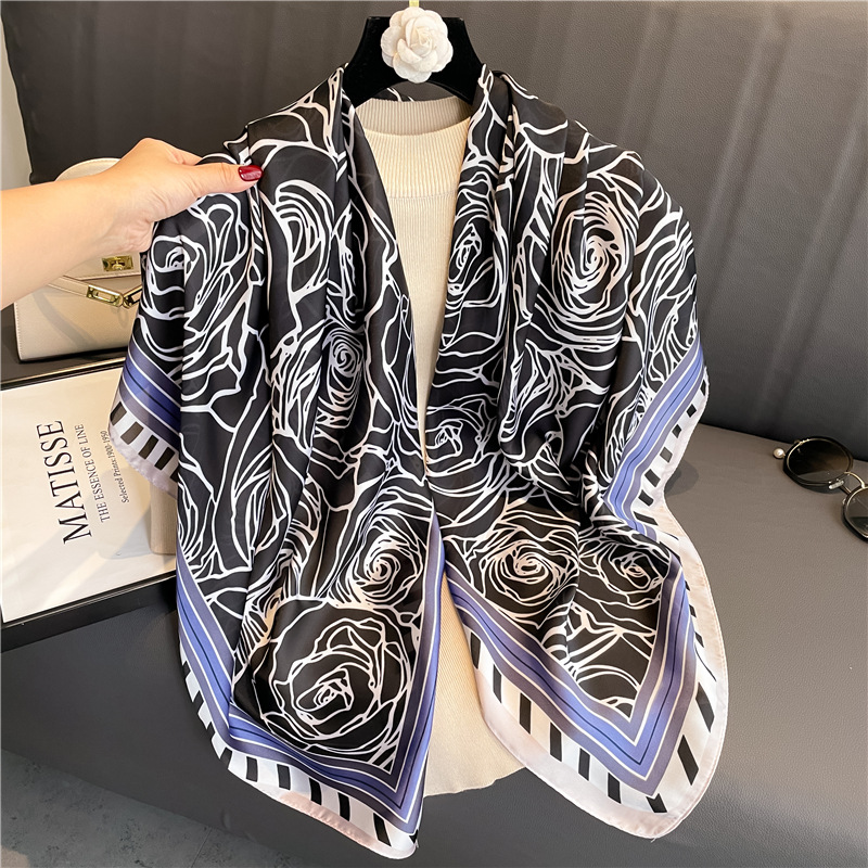 Silk Scarf Rose Pattern Lightweight Versatile Shawl For Women_voghion.com