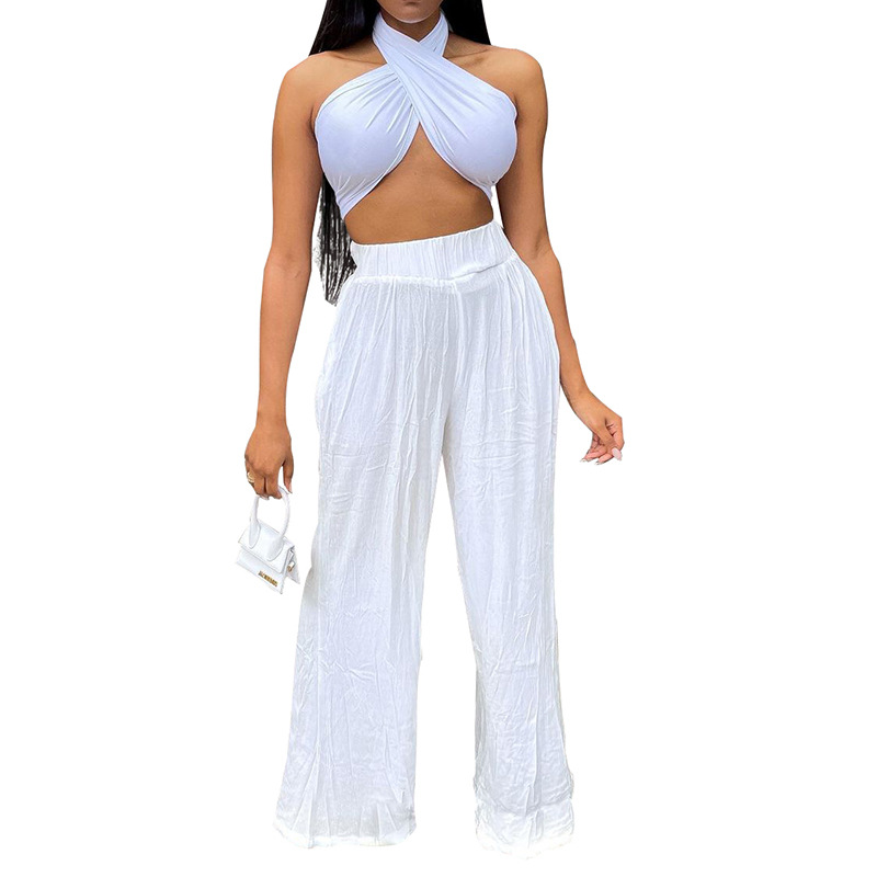women's solid color vest loose cotton and linen wide-leg pants suit nihaostyles clothing wholesale NSLAI76351