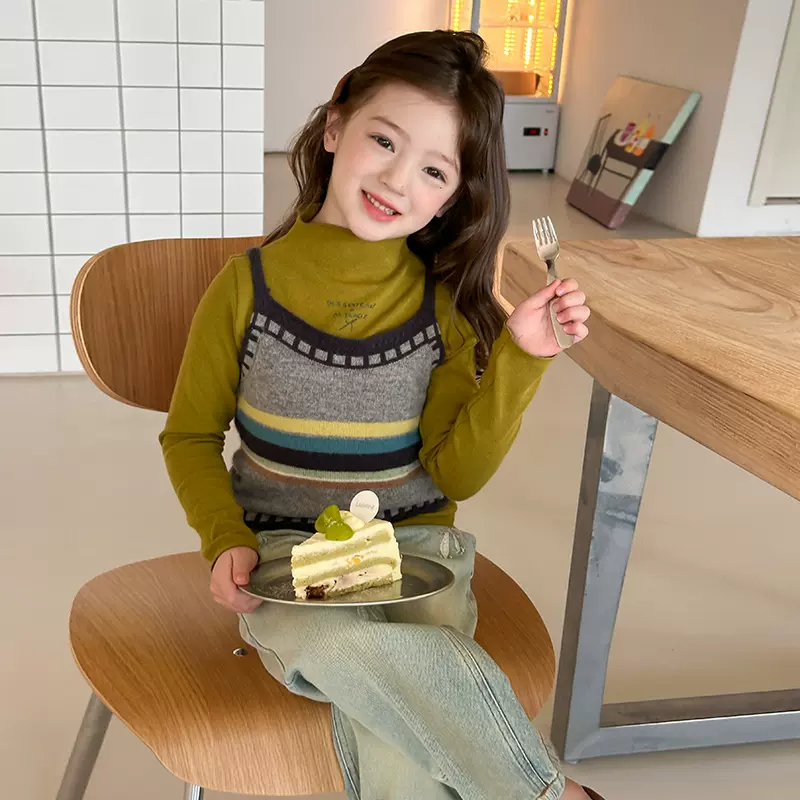 艾摩贝贝女童时髦叠穿撞色洋气小背心儿童个性民族风针织吊带衫