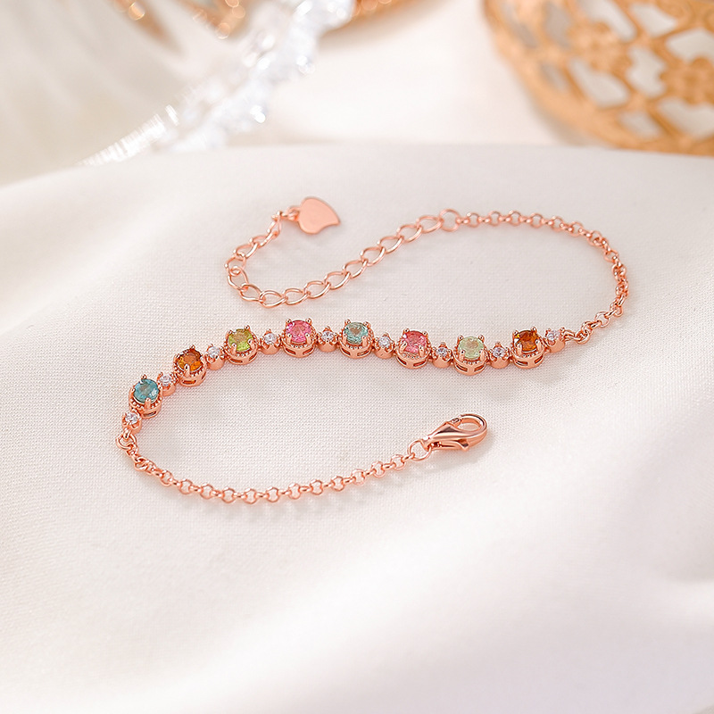 Vòng tay bạc S925 mạ vàng hồng đính tourmaline hạt tròn hình học — Một mảnh (tourmaline màu ngẫu nhiên)