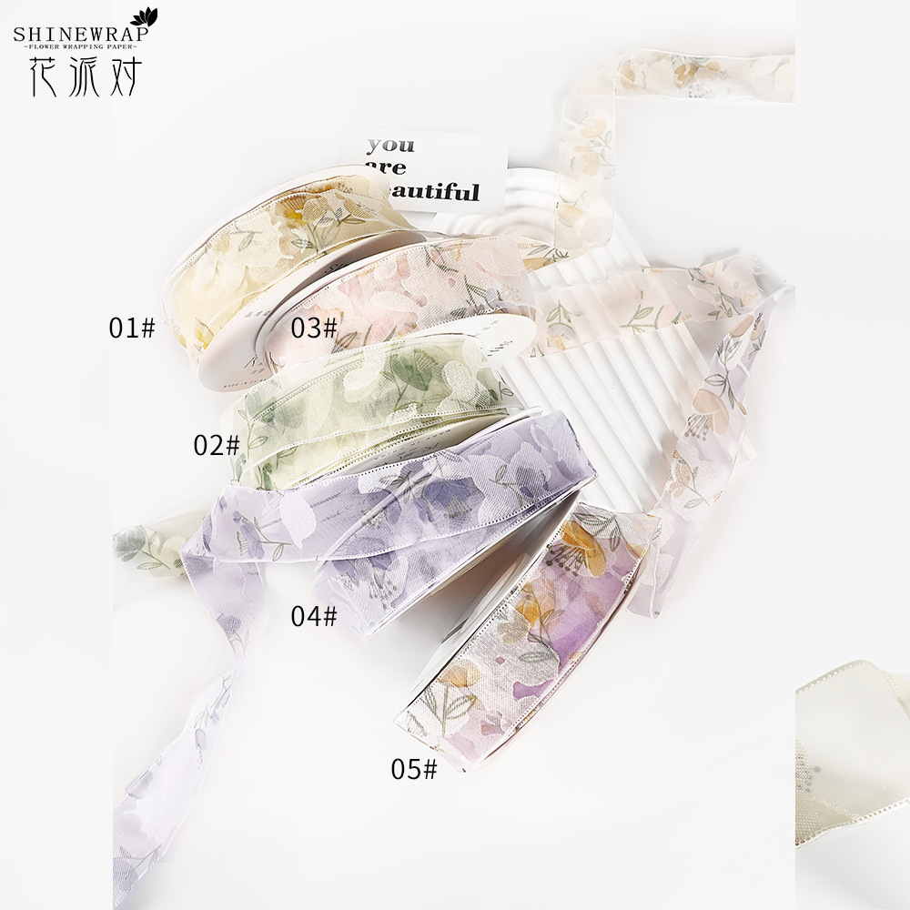 Fabricantes de fiestas de flores al por mayor nueva impresión de cinta 2.5CM envases de flores tiendas de flores regalo ramo de cinta