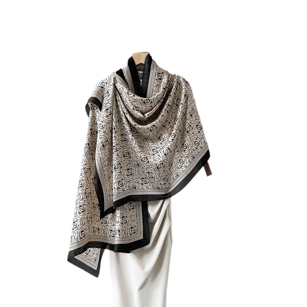 Φθινοπωρινό νέο, υψηλής ποιότητας μεταξωτό φουλάρι γυναικείο σατέν σάλι με καμέλια_voghion.com