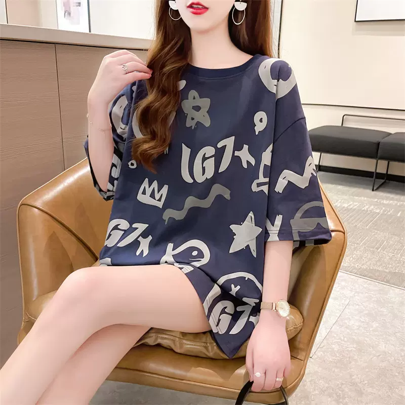 2026春夏新款美式印花宽松短袖T恤中长款舒适透气ins潮半袖上衣女