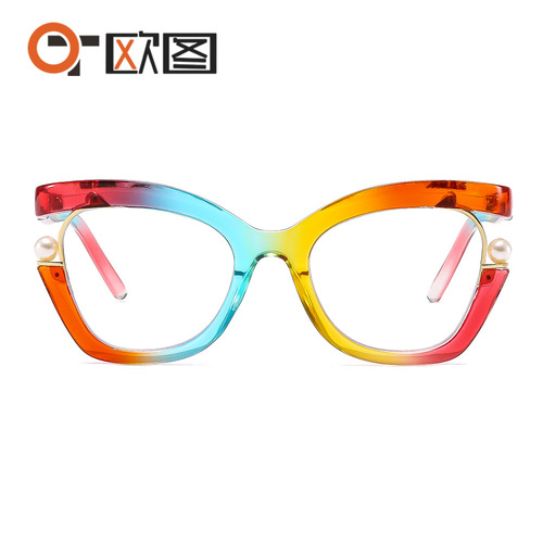 4109 Rainbow-colored dazzling flat mirrors for women, European and American ins style pearl-decorated cat-eye glasses frames
