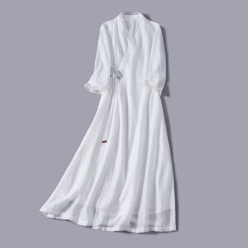 Modified Hanfu Long Dress, White Tea Dress, Zen-Inspired Women's Clothing, Chinese Style, Ethereal Retro Artistic Cross-Collar Slim-Fit Dress Modified Hanfu Long Dress, White Tea Dress, Zen-Inspired Women's Clothing, Chinese Style, Ethereal Retro Artistic Cross-Collar Slim-Fit Dress