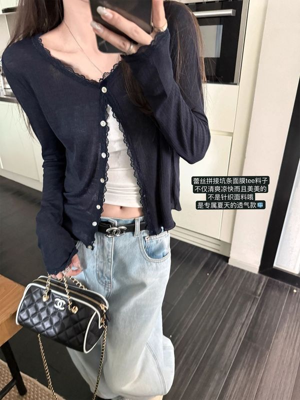 【自家工厂现货】蕾丝拼接花边软糯防晒针织开衫轻薄外套上衣女夏|undefined