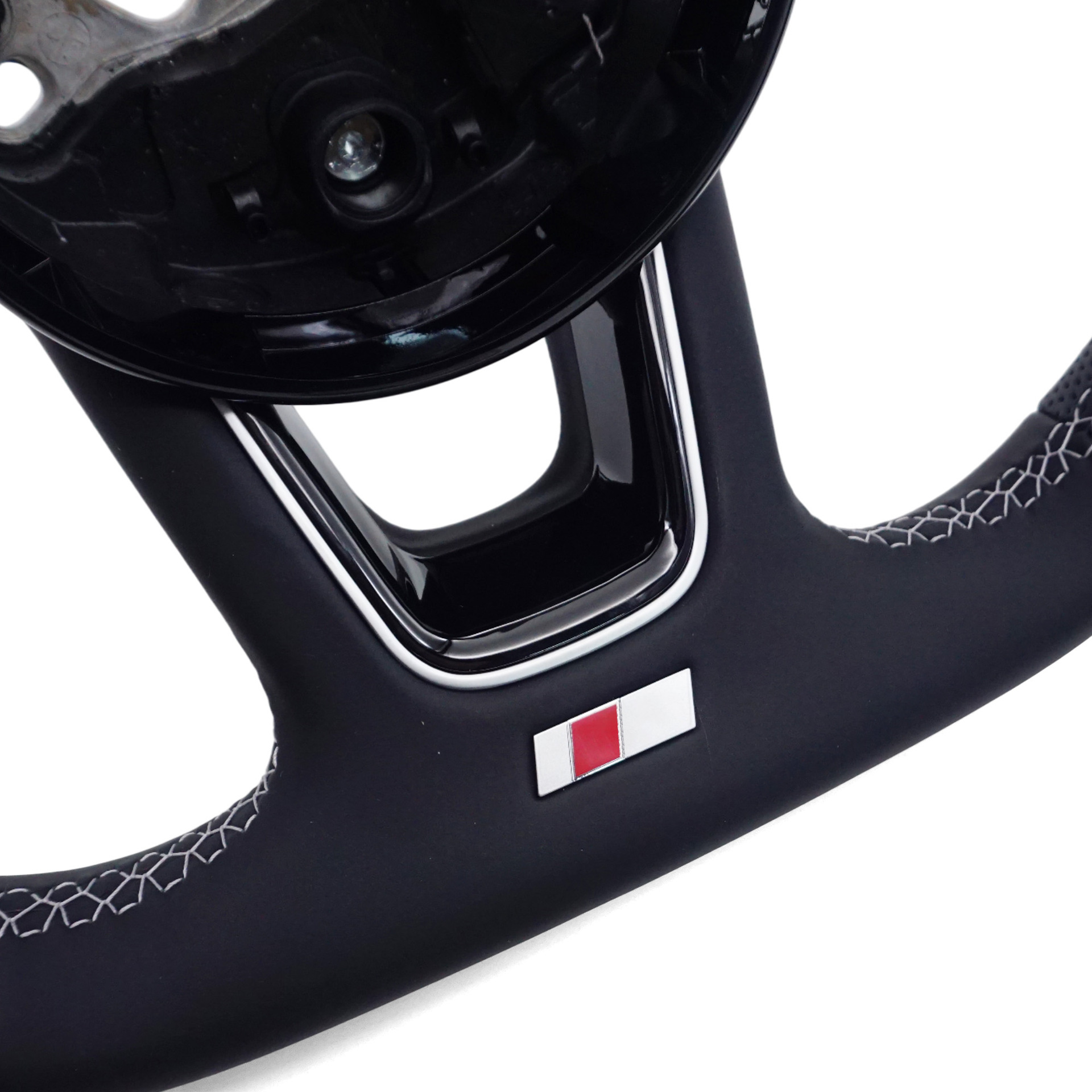 Suitable for Audi A4B9 S Standard Semi-Perforated White Line Black Leather Steering Wheel with Standard Logo, Sport Flat-Bottomed Steering Wheel