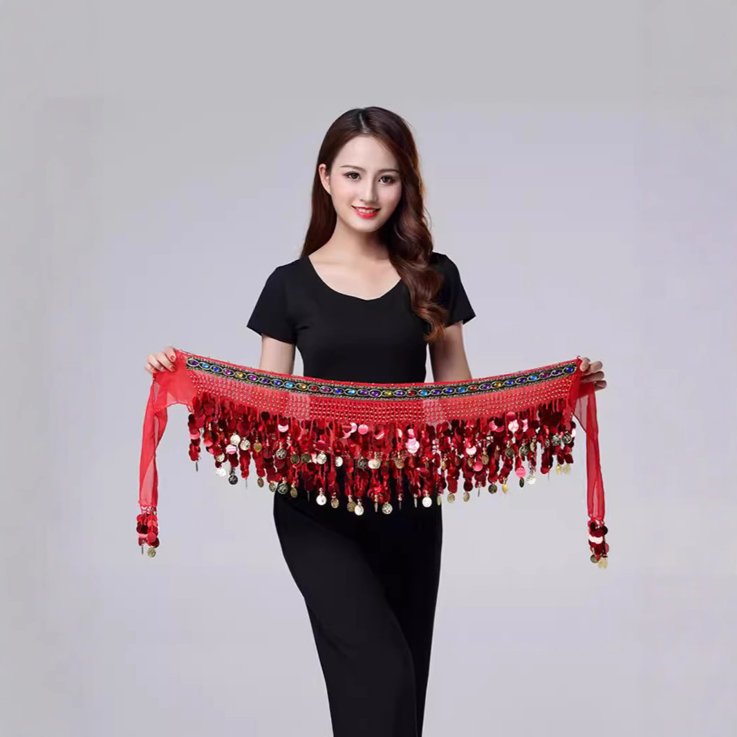 Belly Dance Waist Chain Halloween Tassel Hip Scarf Colorful Waist Scarf Gong Coin Rhinestone Waist Belt Vintage Dance Party