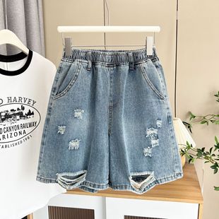 Summer New Fashion 115kg Plus-Size Women's High-Waisted Denim Shorts 7294