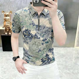 夏季新款半拉链冰丝男士POLO衫百搭休闲轻奢印花水墨画翻领半袖