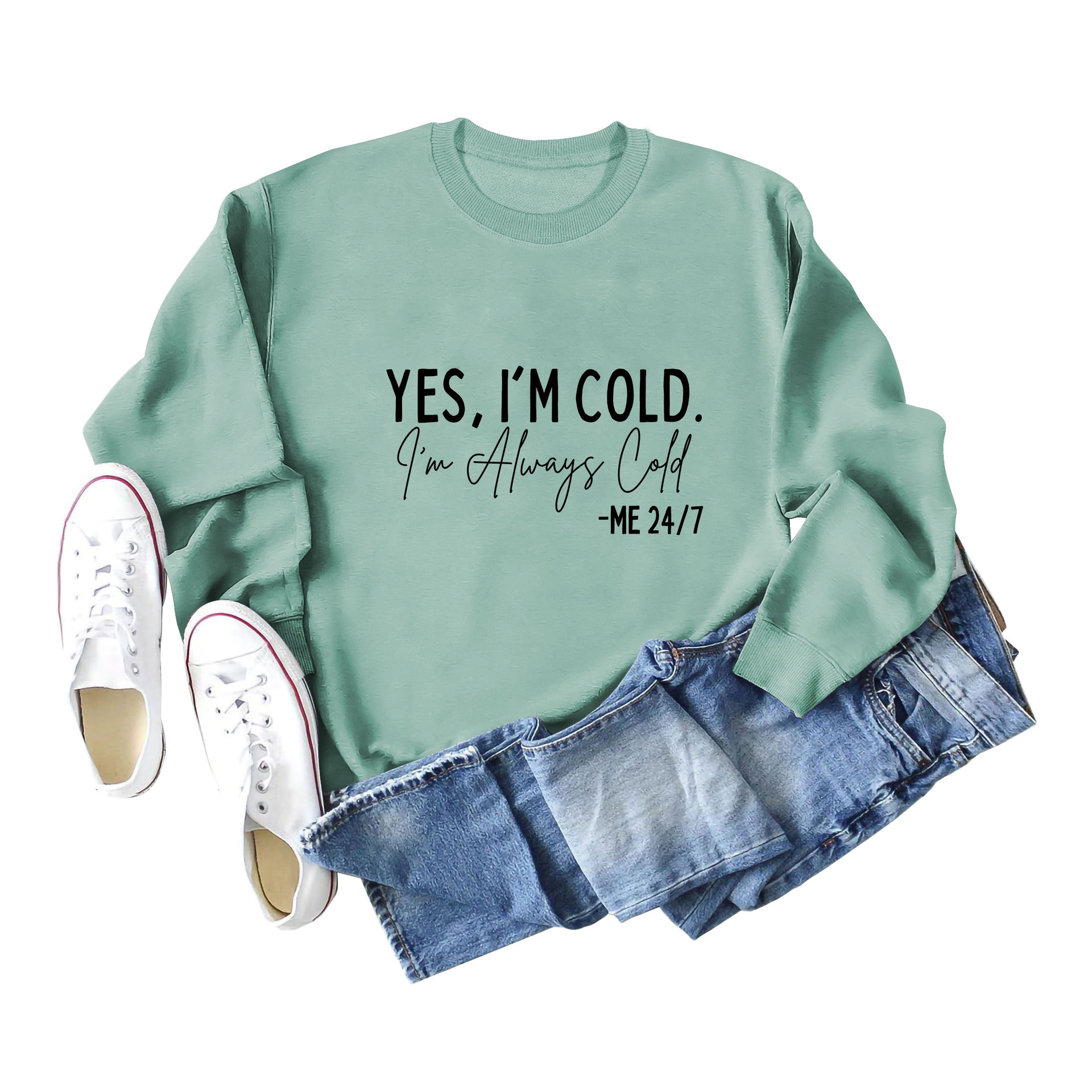 Amazon Transbordador YES I'M COLD I'm Always Cold Suéter con estampado minimalista Cuello redondo Top Mujer