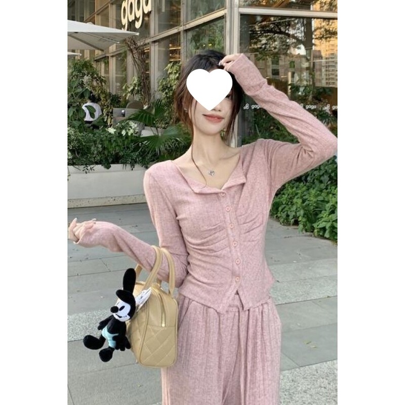 Pleated Lapel Pure Desire Style Slim-Fit Long-Sleeve Top and Wide-Leg Pants Women's Spring/Summer 2026 New Fashion Set