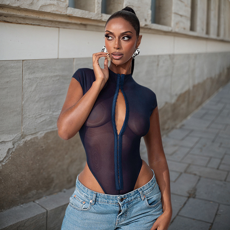 Body de malla transparente sexy con hebilla metálica para mujer, estilo europeo y americano, novedad de verano 2026, para venta transfronteriza en AliExpress