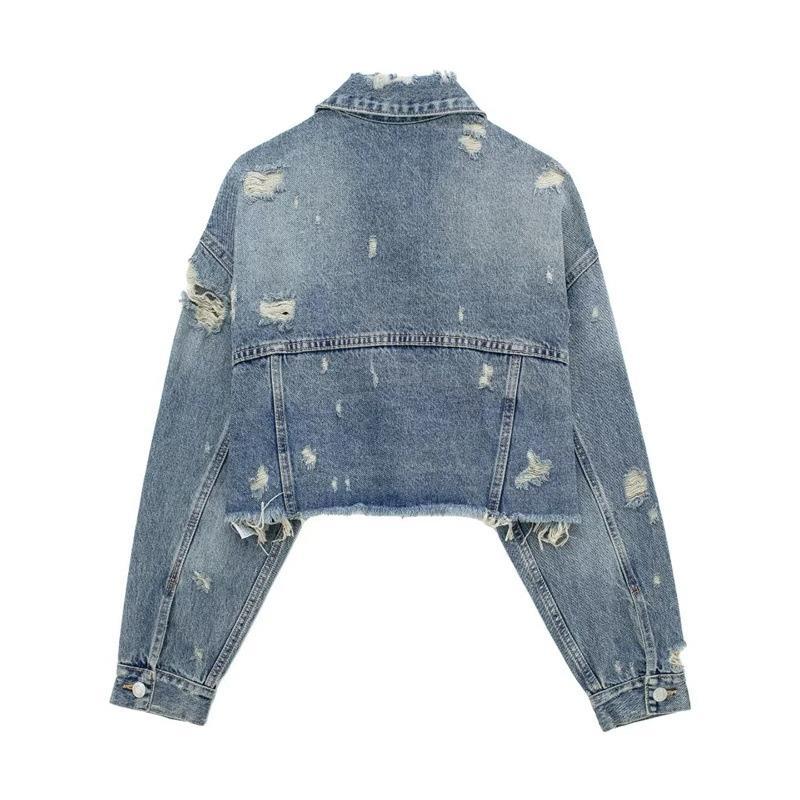 Retro Denim Jacket For Women Long Sleeved Collared Distressed Top_voghion.com