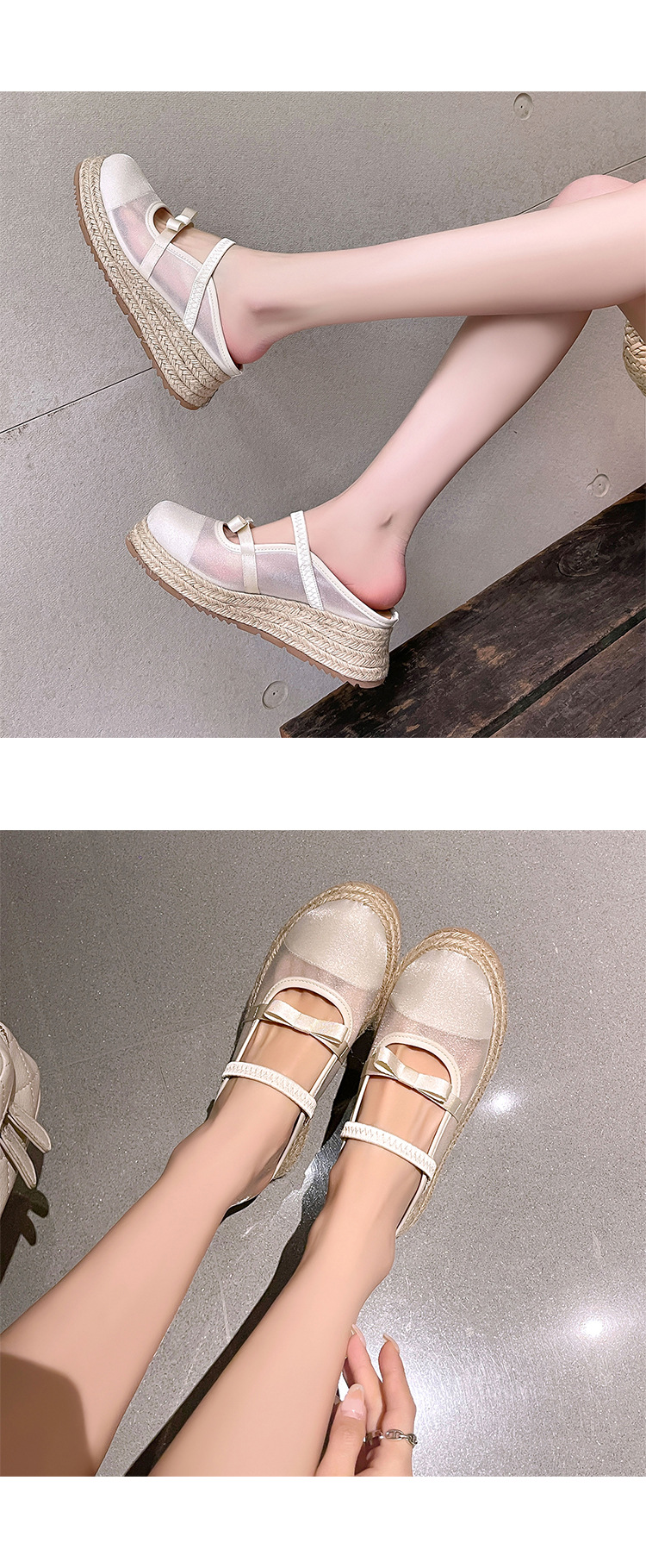 Xăng đan gót xuồng dệt đế dày 5cm bít mũi lưới phong cách nghỉ dưỡng — Lưới kim cương nóng, Lưới chấm bi, Lưới chi tiết 24