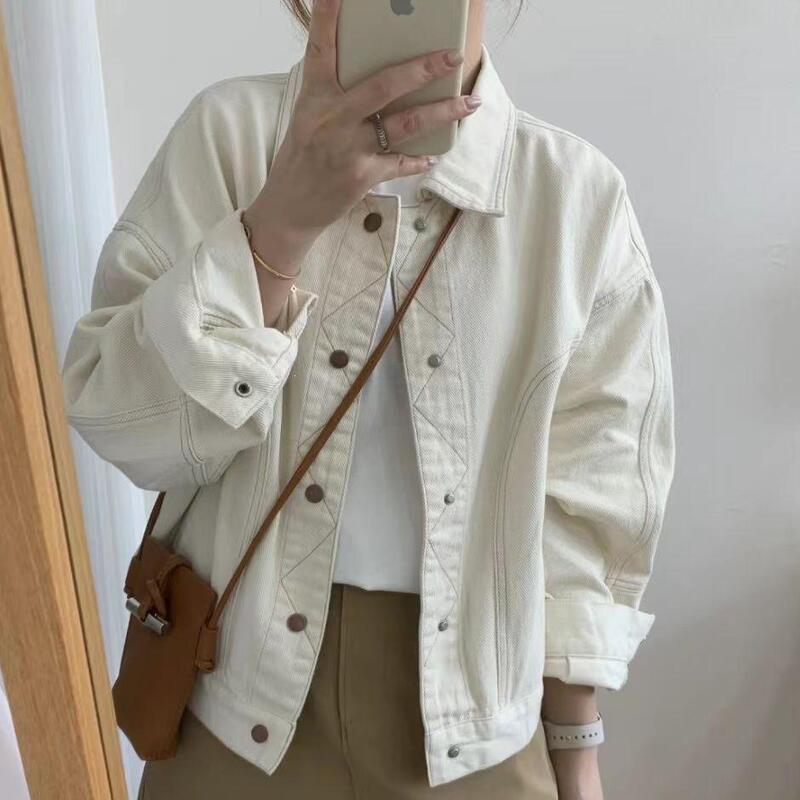 Washed Twill Cotton Denim Jacket for Women, Heavyweight Loose Fit with Visible Stitching Design, Casual Short Jacket Washed Twill Cotton Denim Jacket for Women, Heavyweight Loose Fit with Visible Stitching Design, Casual Short Jacket