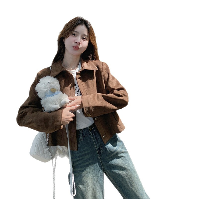 美拉德麂皮绒外套女短款2025春秋新款复古宽松小个子薄款夹克上衣|undefined