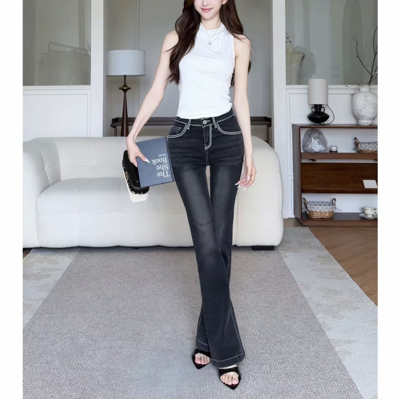 Korean-Style Retro Low-Waist Distressed Flared Jeans for Women with Embroidery and Visible Stitching, Low-Waist Long Pants