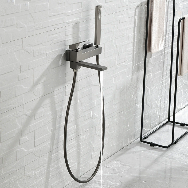 All-brass gun-gray bathroom faucet with cold and hot water, simple wall-mounted mixing valve, exposed shower faucet