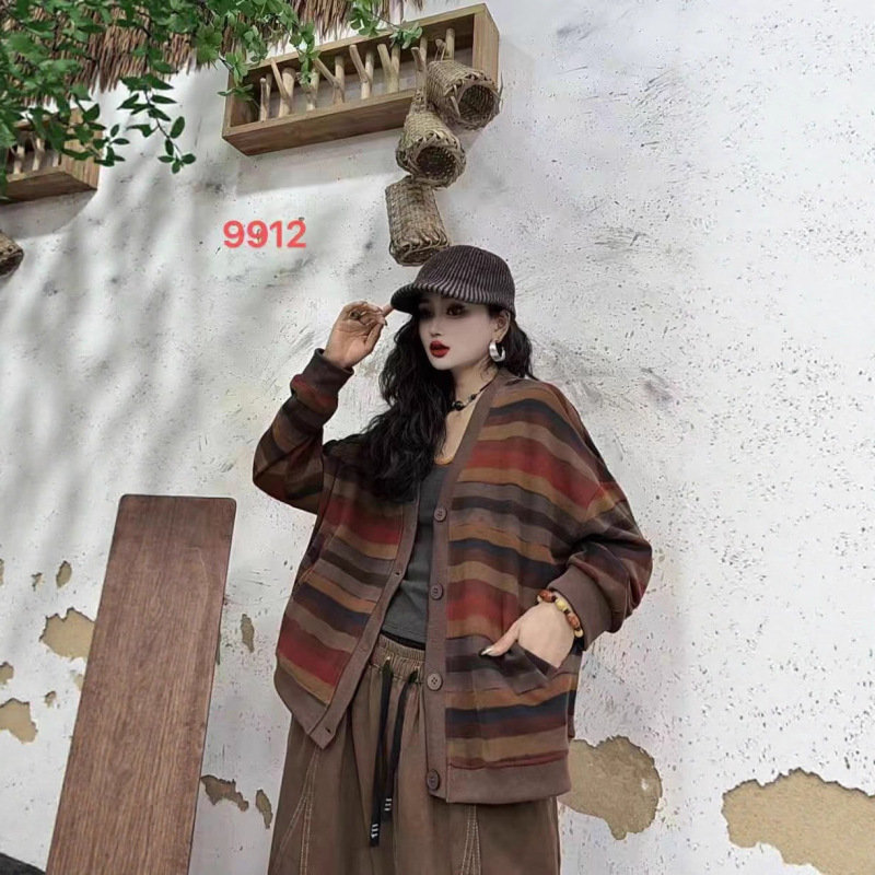 条纹针织开衫女 2025秋新款复古印花宽松V领大码毛圈棉卫衣 9912|undefined