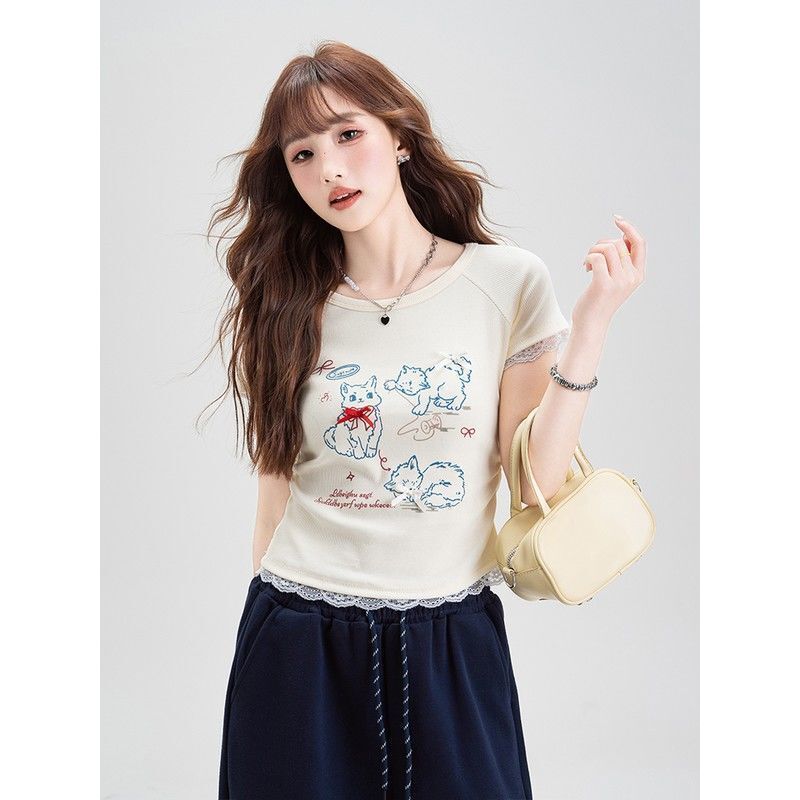 Cute Cartoon Print Short-Sleeved T-Shirt for Petite Women, 2026 Summer New Lace-Trimmed Waist-Cinching Short Top