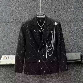 高级感满天星西装西服男痞帅夜店金属链条外套闪亮垫肩西服批发潮