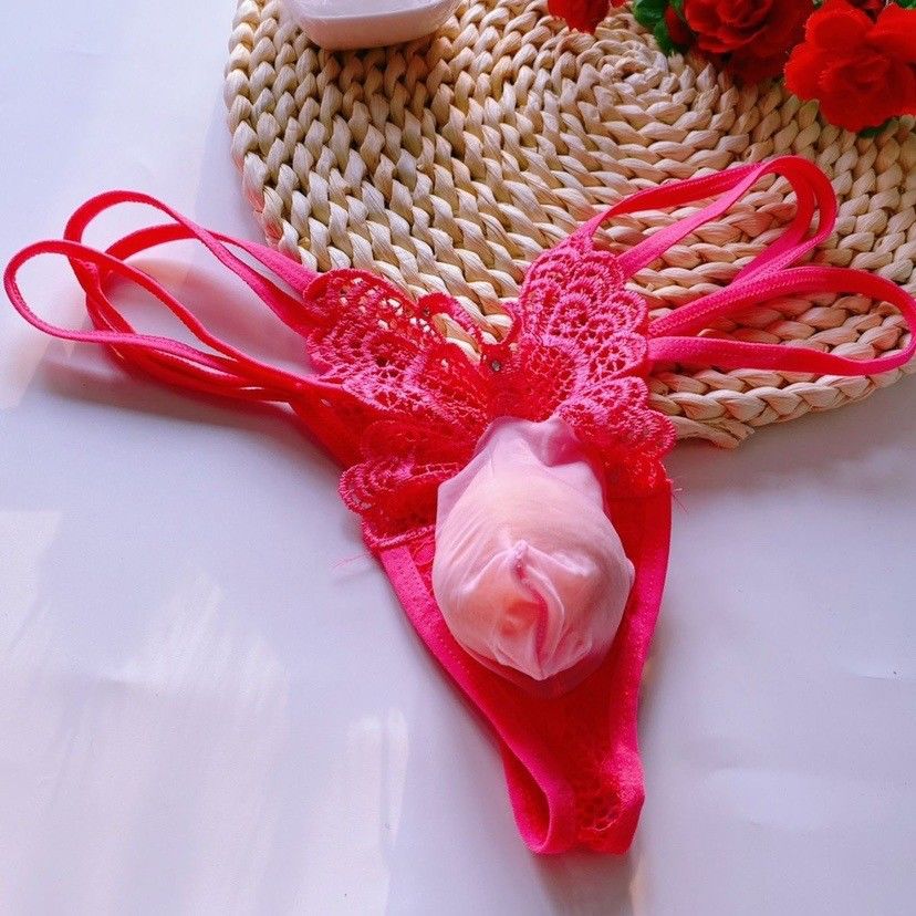 Guisu! Men's Sexy No-Take-Off Hollow-Out Thong Seamless Thin Strap Couple's Seductive Butterfly Embroidery T-Back Briefs