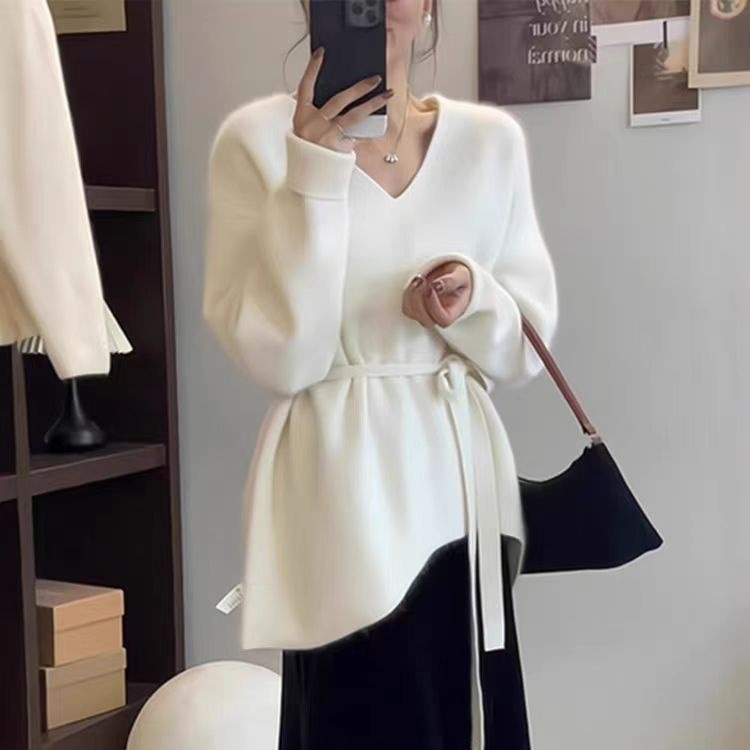 韩系不规则针织衫V领毛衣女秋冬中长款慵懒针织衫设计感系带上衣|undefined