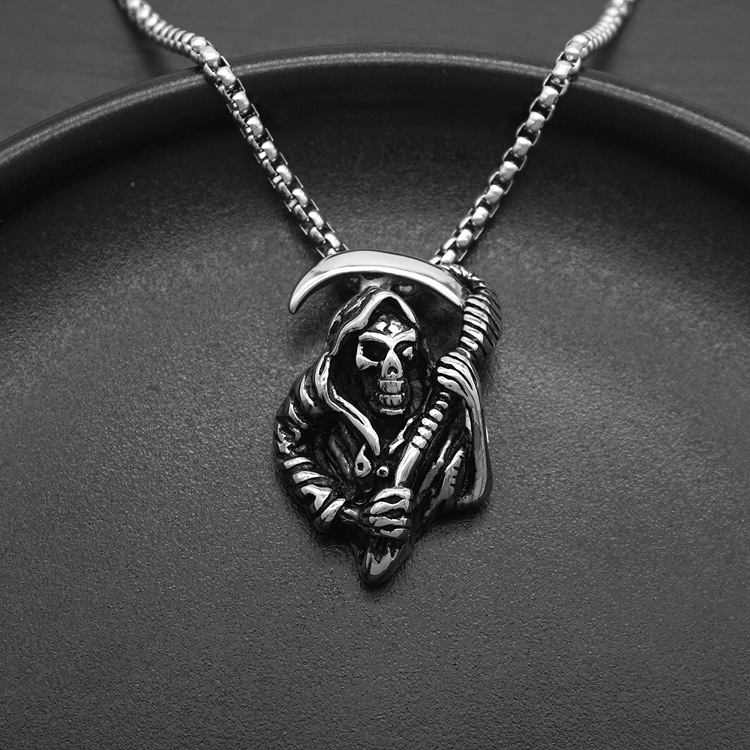 Gothic Grim Reaper Scythe Skull Pendant Necklace For Men Titanium_voghion.com