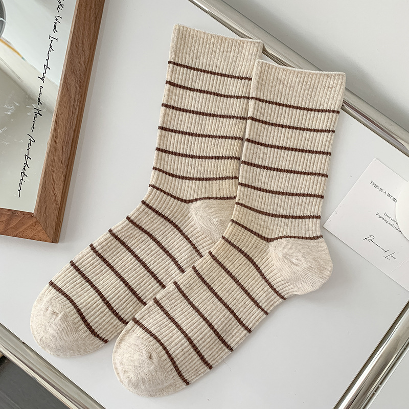 韩版复古条纹袜子女秋冬中筒袜女士美拉德配勃肯鞋无骨堆堆袜批发