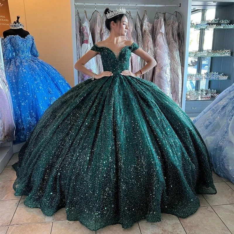 Sweet Green One Shoulder Birthday Party Prom Dresses Tulle Quinceanera Pettiskirt Gowns Sequin Glitter