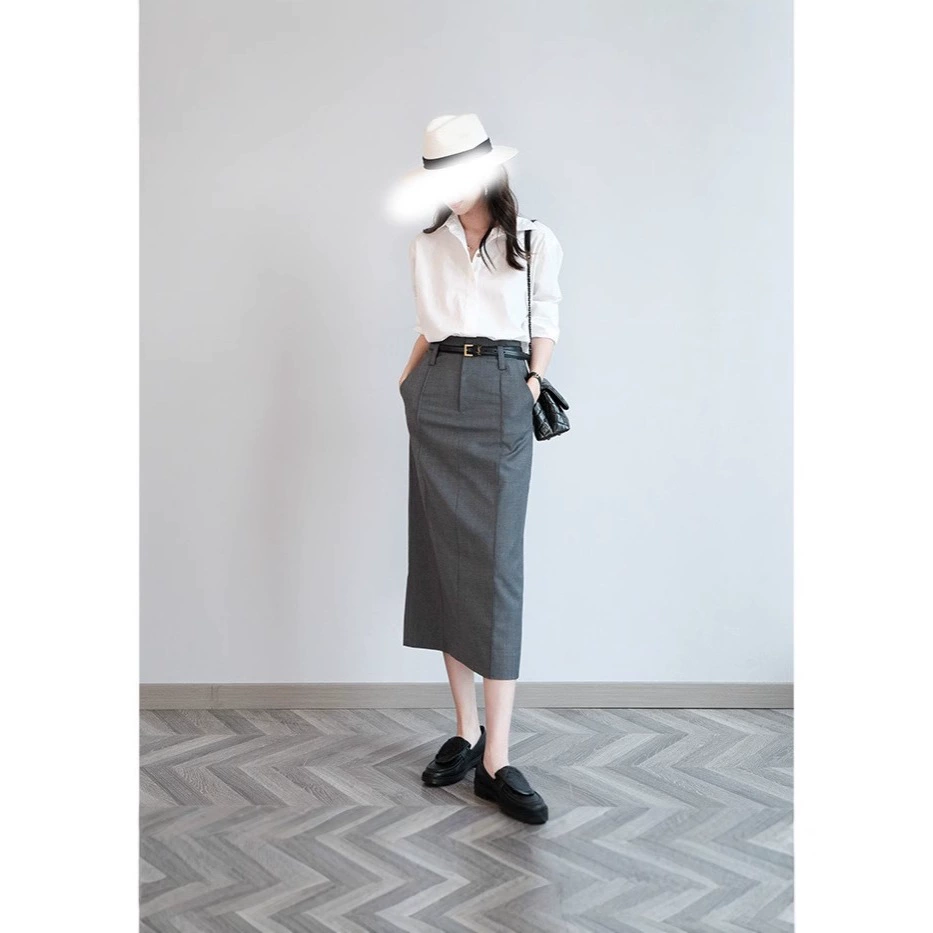2025年春季新款西装半裙套装灰色裙女通勤简约H版开叉裙子中长款