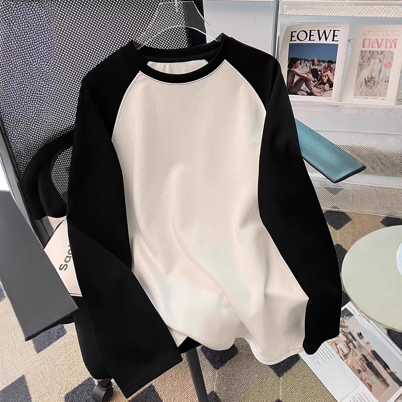 Pure Cotton Black and White Raglan Long-Sleeve T-Shirt for Men and Women, Suitable for Spring, Autumn, and Winter, Loose Fit, Plus Size, 100kg Piece, Solid Color Top for Layering Pure Cotton Black and White Raglan Long-Sleeve T-Shirt for Men and Women, Suitable for Spring, Autumn, and Winter, Loose Fit, Plus Size, 100kg Piece, Solid Color Top for Layering