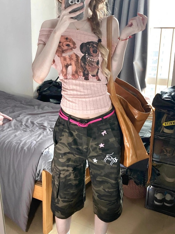 Pure Lust ワンショルダー パピープリント 半袖 Tシャツ レディース 夏 スリムフィット シックで美しいショートトップス イン|undefined