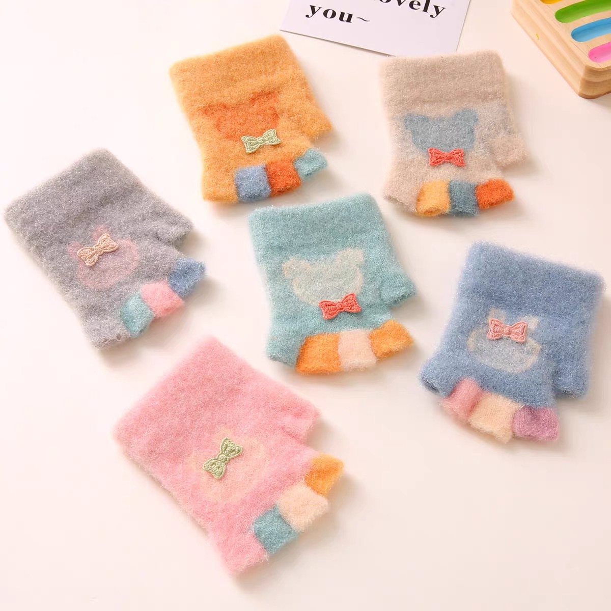 Children's knitted demi-season keep warm cute cartoon gloves with…