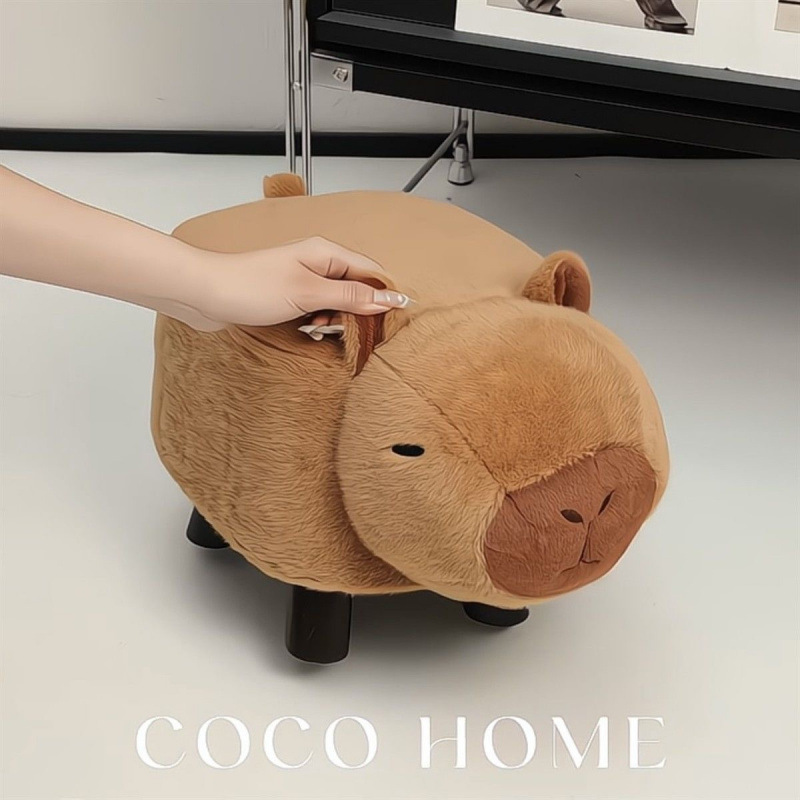 Kapibara Plush Small Stool for Changing Shoes, Creative and Cute Shoe Bench for Home Use at the Entrance, Solid Wood Low Bench