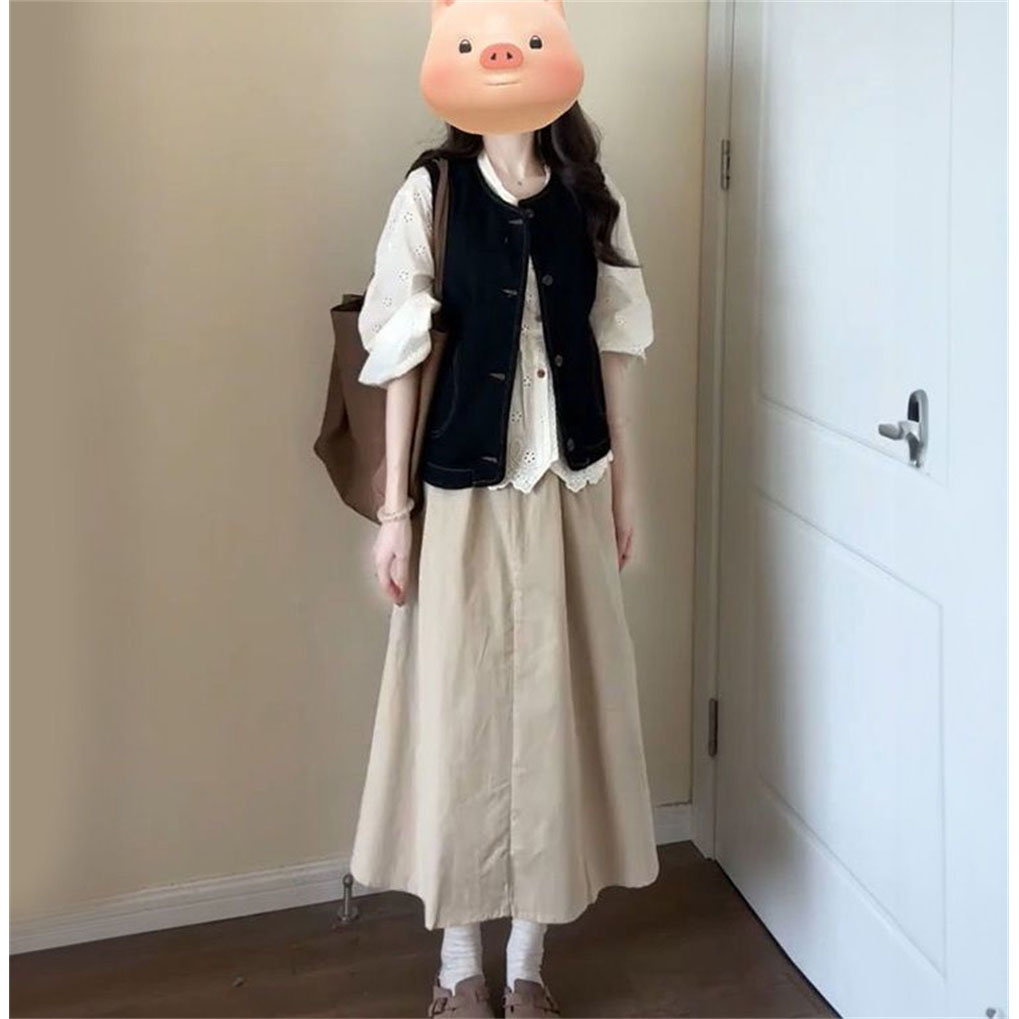 Three-Piece Suit for Women in Autum Korean Style Preppy Style Retro Denim Vest + Embroidered Shirt + High Waist Skirt